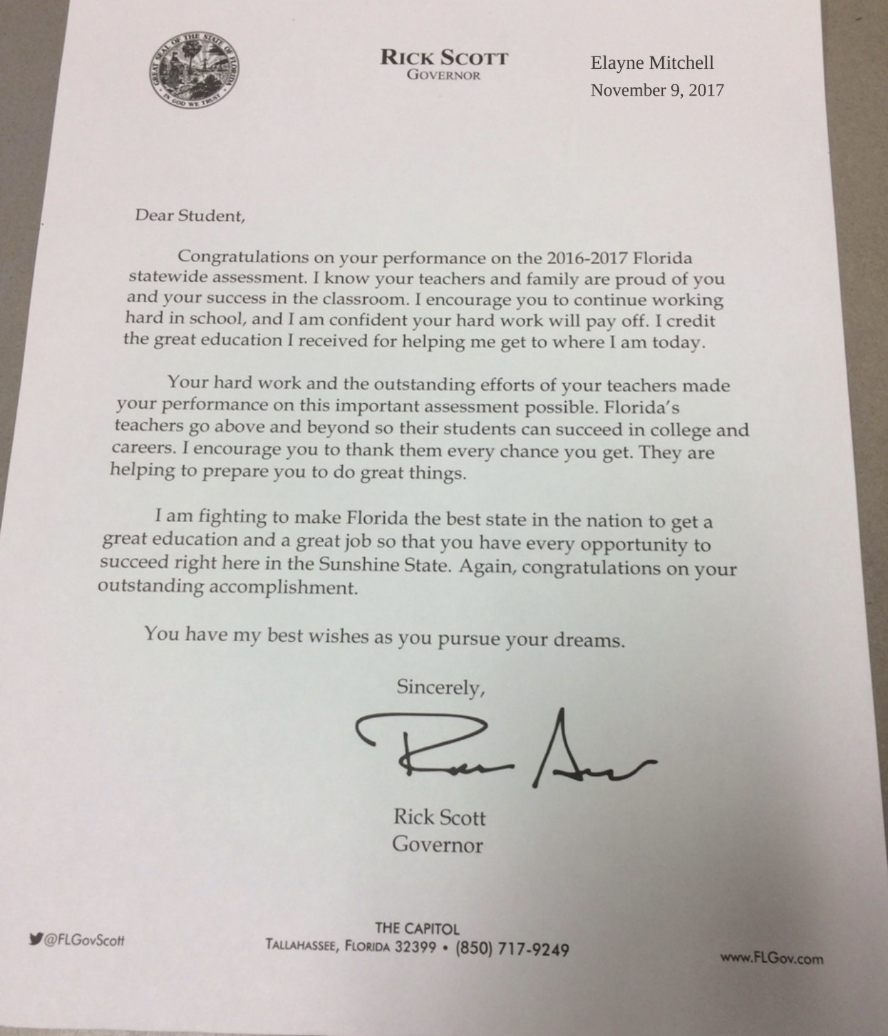 Letter from then-Florida Governor Rick Scott congratulating Elayne Mitchell on her performance on the 2016–2017 Florida statewide assessment